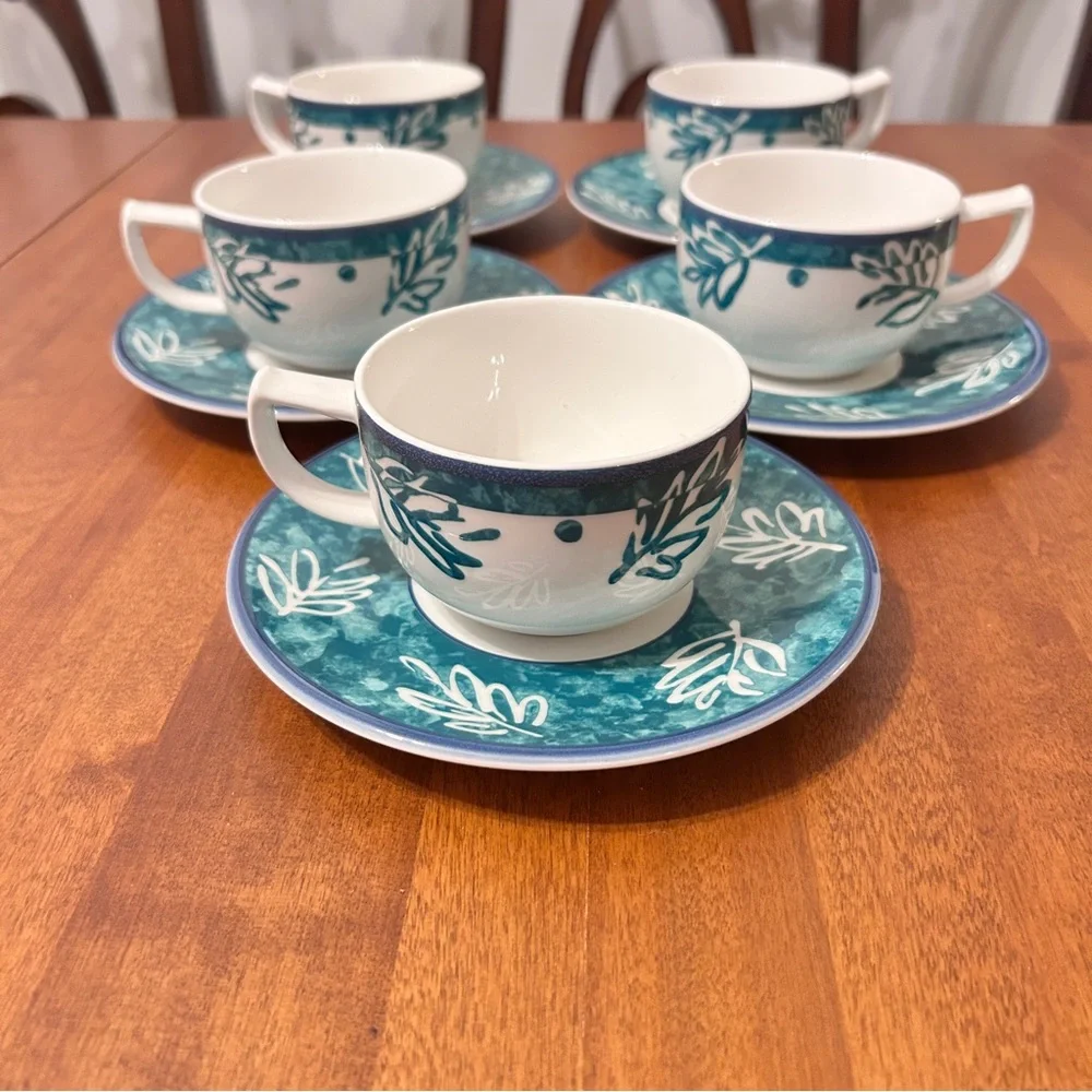 Mikasa Fashion Plate Leaf Song White Teal Ironstone Cups Mug Saucer 2 SETS
